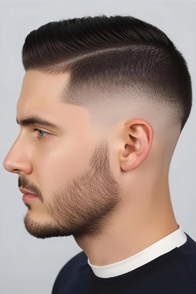 Slick Back with Low Fade Just enough length to sweep back with product, paired with a low fade that keeps sides clean and comfortable for summer.