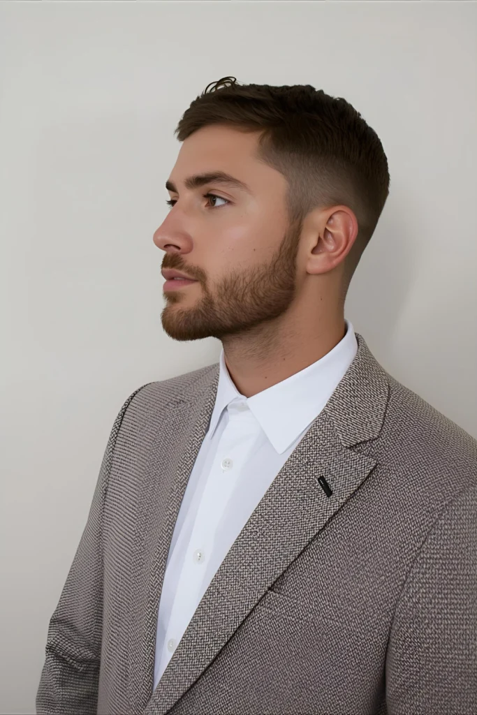 Soft Top with Corporate Structure A gentle top contrasts with precise cutting for boardroom-ready style.