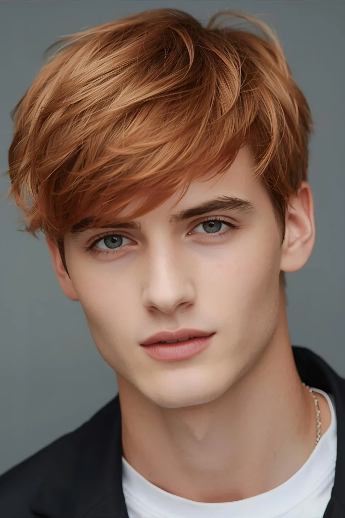 Strawberry Blonde Textured Fringe Softer red tones get their moment in this youthful style featuring a textured fringe that falls casually across the forehead. Perfect for creating a bright, appr