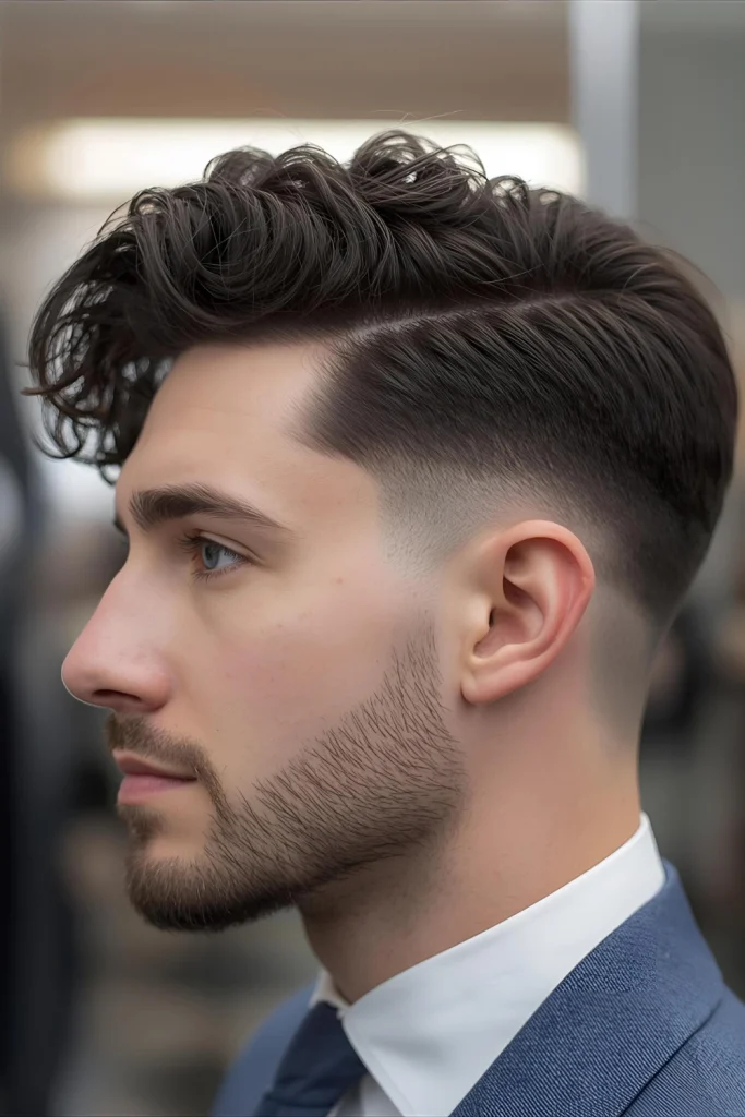 Taper with Curly Comb-OverA sophisticated option where longer curls are trained to sweep to one side, supported by a clean taper that maintains professionalism.