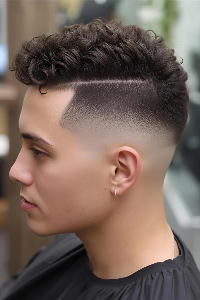 Taper with Curly MohawkMake a bold statement with curls concentrated in a central mohawk section, framed by a clean taper on the sides.