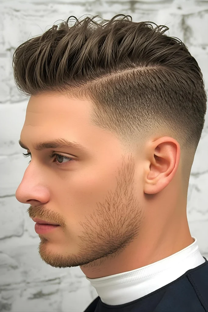 Taper with Curly QuiffBuild height at the front with a curly quiff that flows back, supported by a sharp taper that keeps the style balanced.