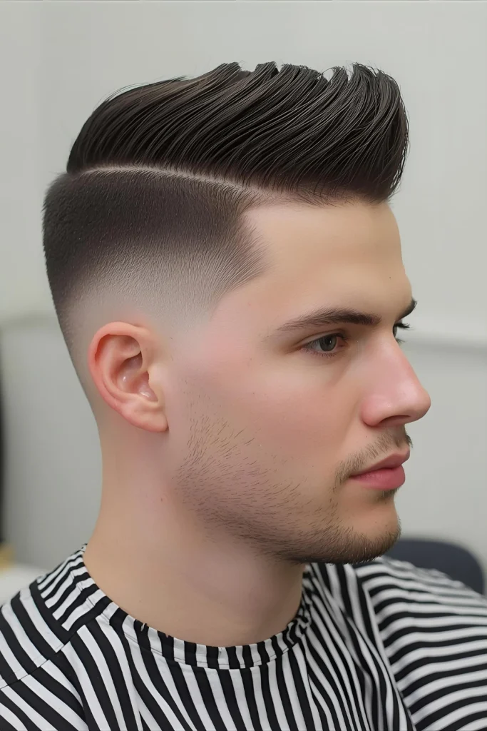 Temple Fade with Flat Top Sharp angles define this retro-inspired cut that's perfect for making a statement while keeping hair completely off the neck.