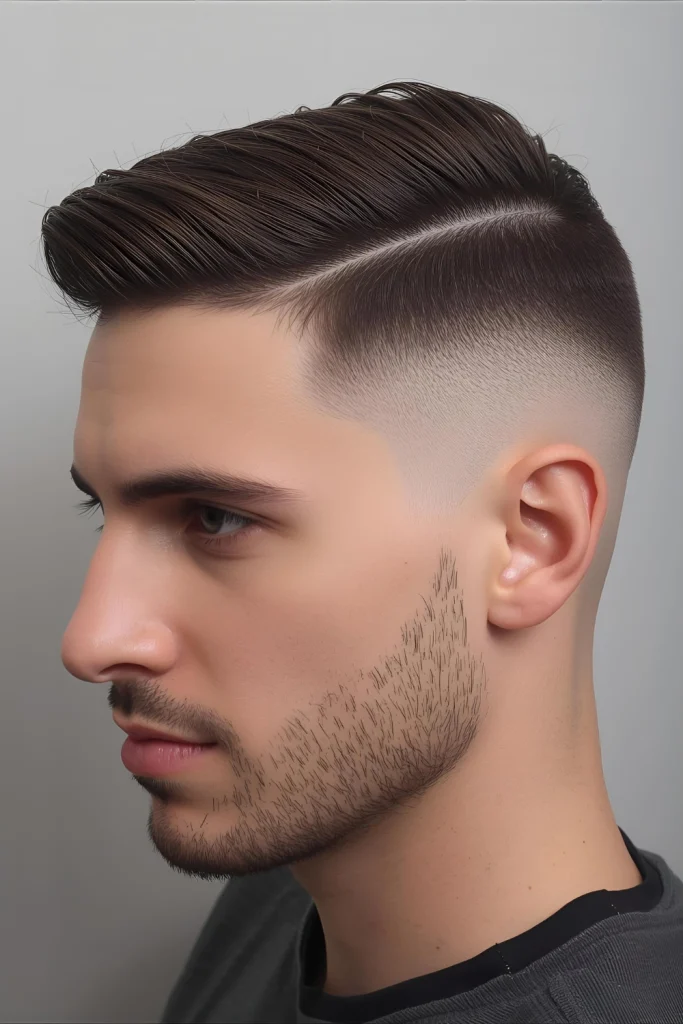 Temple Shave with Hard Part Strategic shaving at the temples creates dramatic angles, while a razor-sharp hard part adds definition to even the shortest styles.