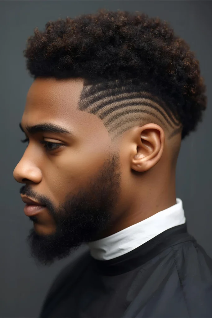 Textured Afro with Hard Part Add definition and sophistication with a razor-sharp part shaved into your style. This detail shows meticulous attention to grooming while celebrating natural texture