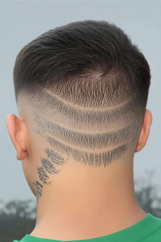 Textured Crop with Design Simple texture gets elevated with subtle designs shaved into the sides or back.