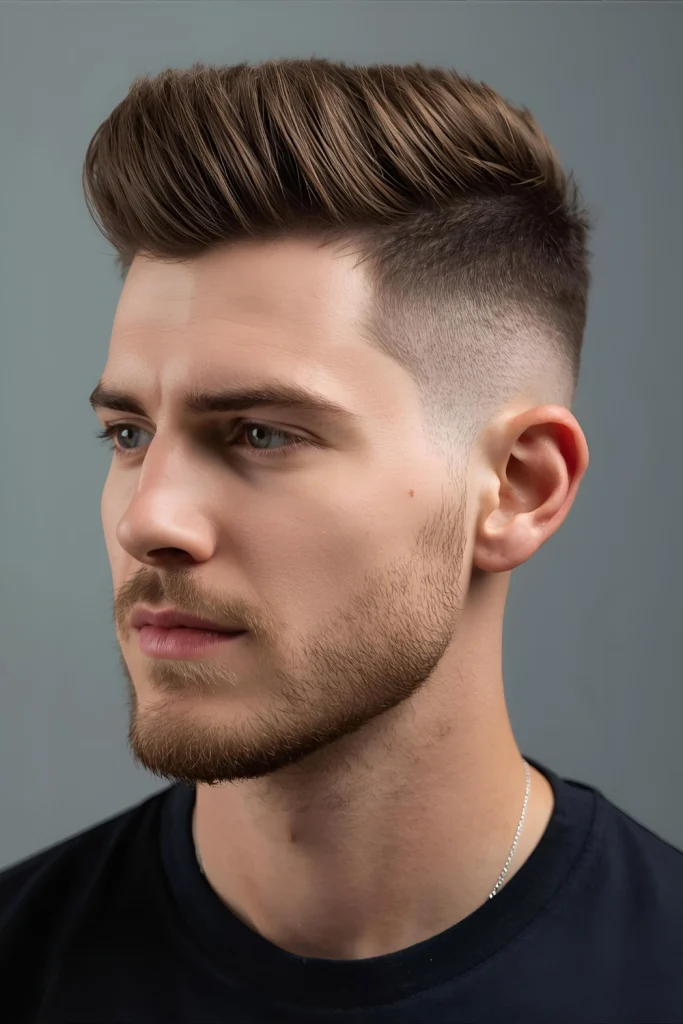 Textured Fade with Natural Top The fade provides structure while the natural texture on top requires minimal daily maintenance beyond basic grooming 