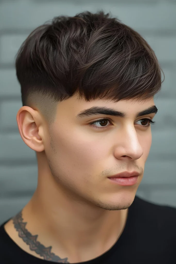 Textured Fringe with Outline A mini fringe adds personality to an otherwise ultra short cut, framed by a crisp outline.