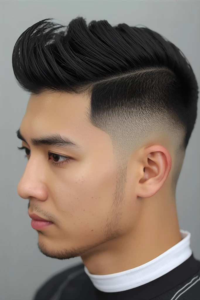 Textured Quiff with Korean FadeA modern interpretation of the classic quiff featuring softer texture and a Korean-style fade that creates seamless blending rather than harsh lines.