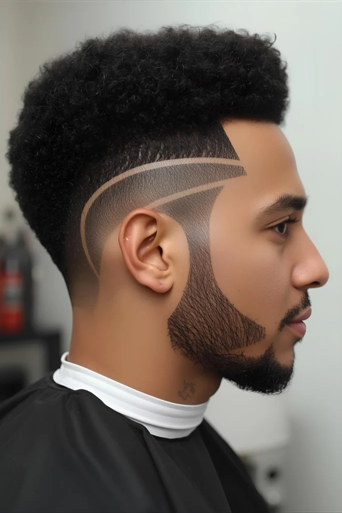 The Afro Fade with DesignTransform your fade into a canvas with geometric patterns, lines, or symbols shaved into the sides for personalized flair.