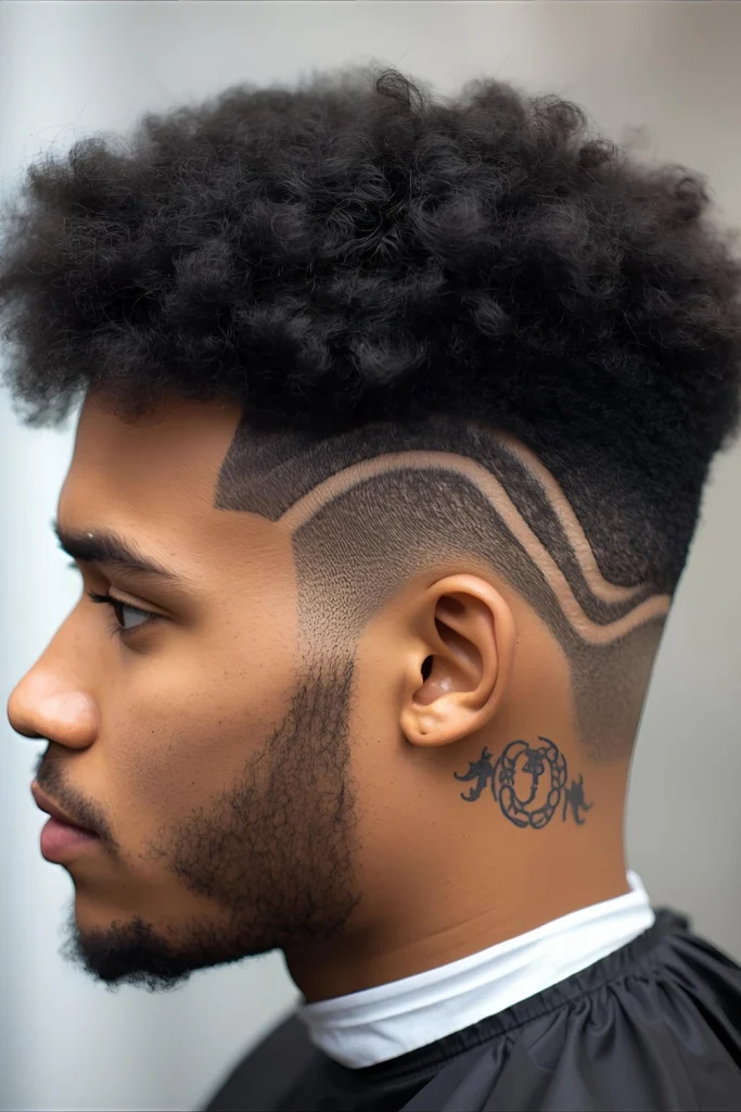 The Afro with Design Celebrate natural texture while adding personal flair. This style maintains a full afro while incorporating sharp designs shaved into the sides or back.