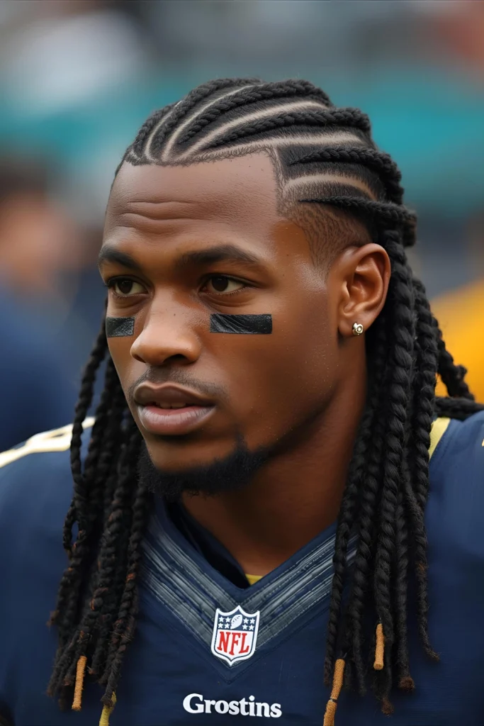 The Braided Crown with Sharp Line-Up

Intricate cornrows or braids that circle the head like a crown, combined with an impeccably sharp line-up, create a regal yet powerful appearance. This style stays secure under helmets while making a strong cultural and fashion statement during pre-game introductions.