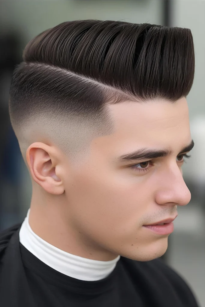 The Brush-Up Fade

Hair on top is cut uniformly and brushed straight up for a bold, geometric look. This style is all about clean lines and maximum impact, perfect for thick, straight hair.