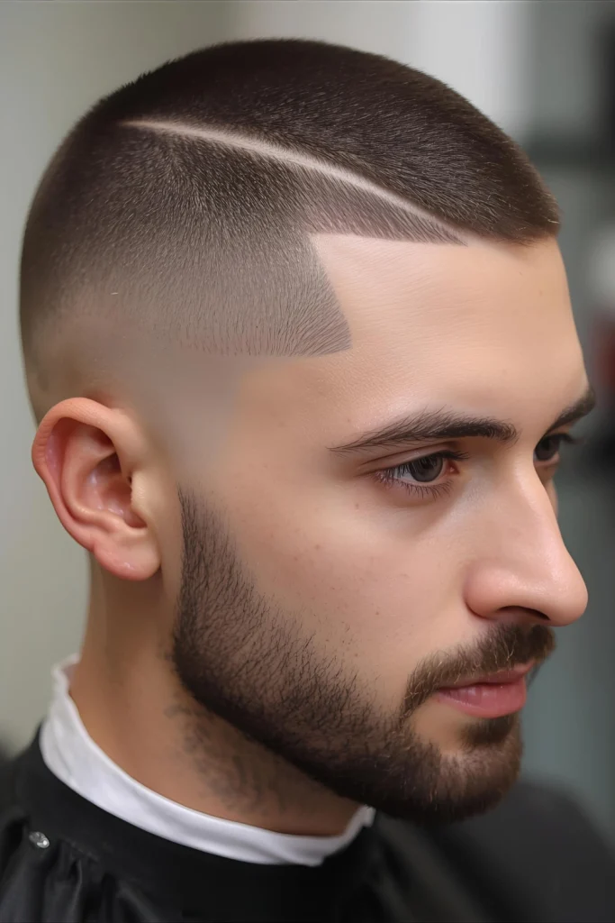 The Buzz Cut with a Hard PartA simple yet brilliant detail. A straight, razor-sharp part is shaved into one side of the head, creating a stark, graphic line. This small addition transforms a standard buzz cut into a meticulously groomed and intentionally stylish statement.