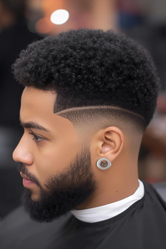 The Curly Burst FadeThe burst fade follows your natural hairline around the ear for a custom, artistic touch that complements your curl pattern beautifully.