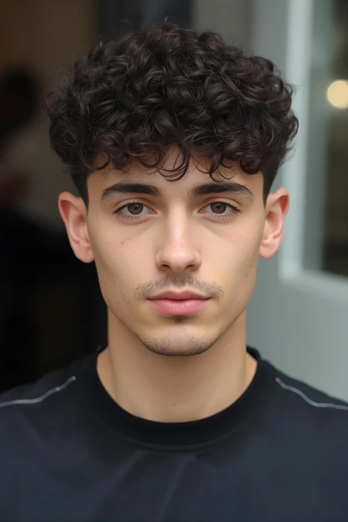 The Curly Caesar Cut This timeless style features uniform length with a textured fringe. It's particularly flattering for finer curly hair and requires minimal styling.
