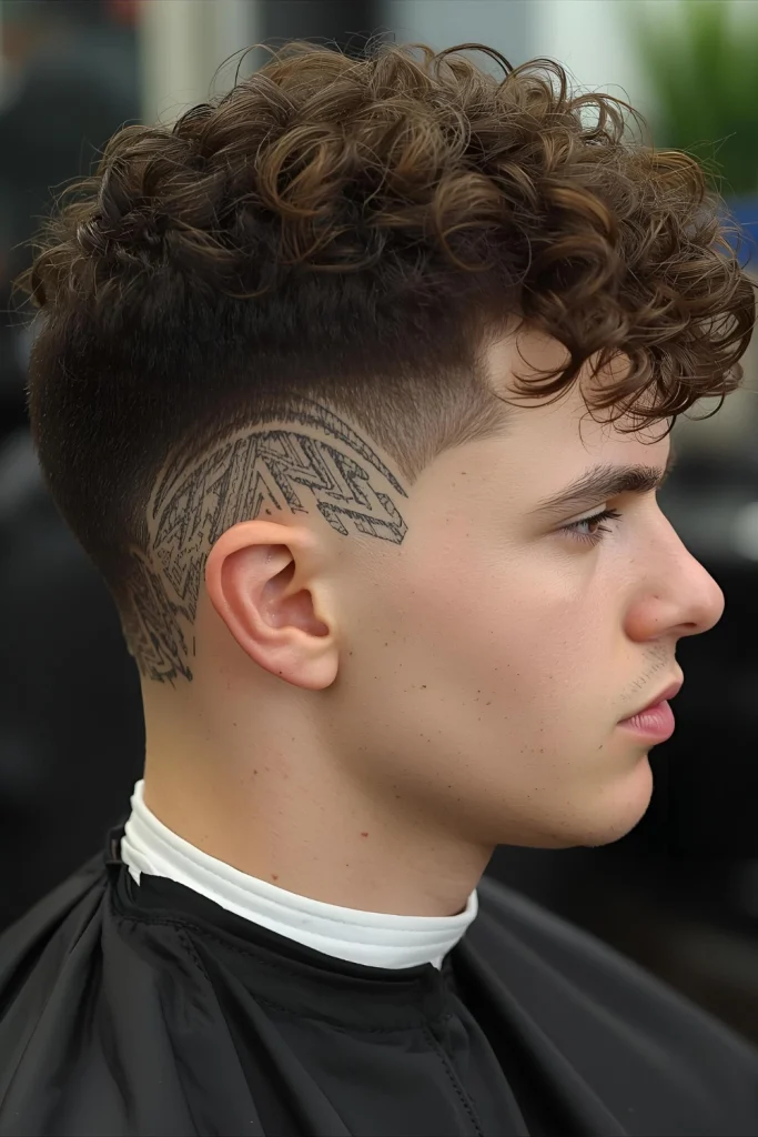 The Curly Fade with DesignElevate a simple fade with a personalized touch. Ask your barber to etch geometric patterns or lines into the faded section for added flair.