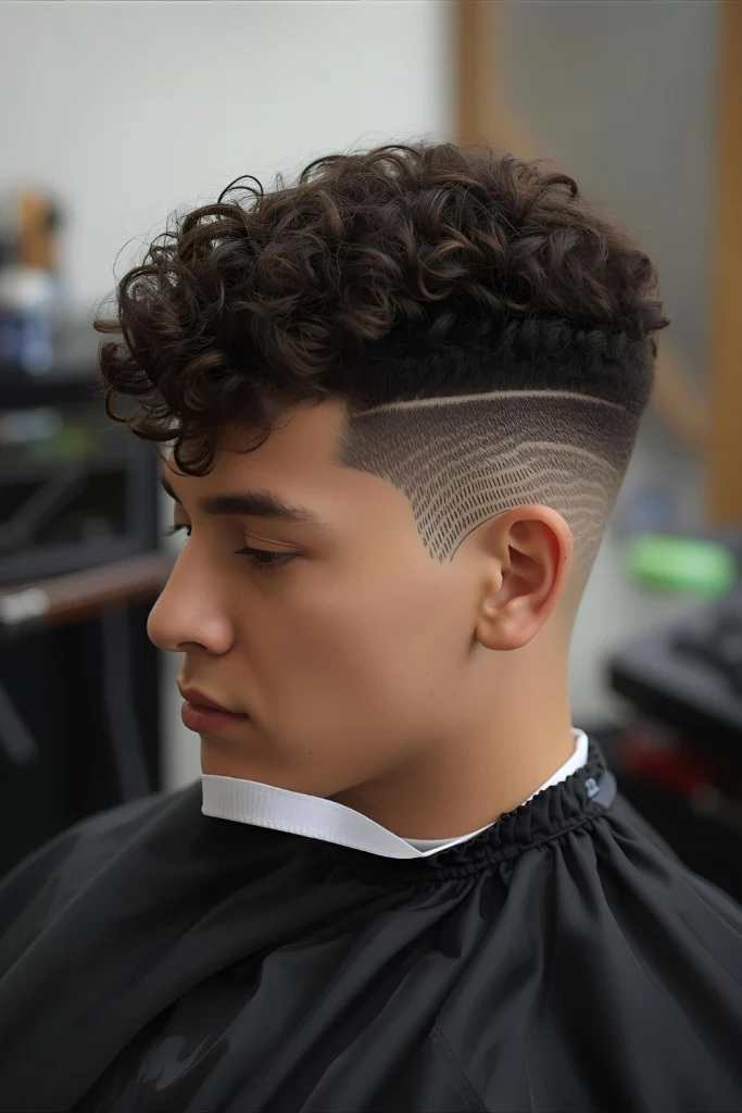 The Curly Fade with DesignElevate your fade with personalized flair. Ask your barber to etch geometric patterns or lines into the faded section for added artistic expression.