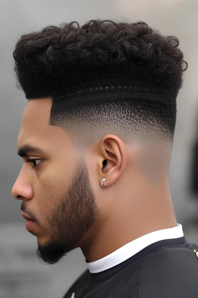 The Curly High Top Fade A bold and dramatic style that makes a statement. The high top fade features sharply faded sides that contrast with a tall, voluminous crown of curls. It’s a powerful look