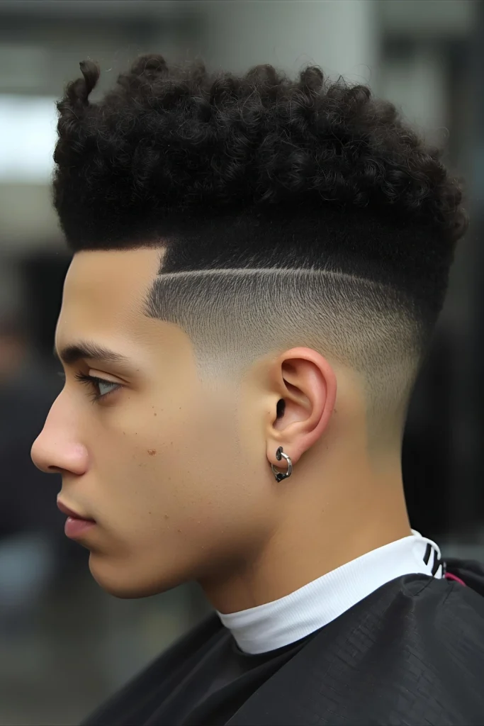 The Curly High Top Fade A bold nod to 90s style, this cut features sharply faded sides with a tall, textured top. The contrast makes your curls appear even more voluminous and defined, creating a