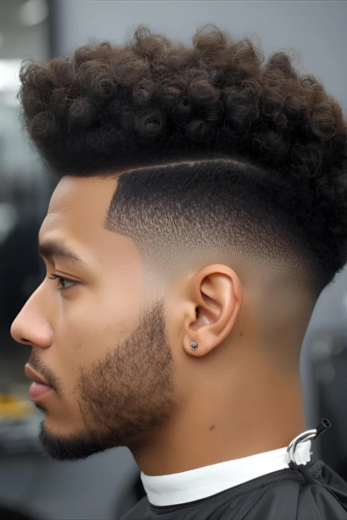The Curly High Top Fade Make a bold statement with this voluminous style that combines sharply faded sides with tall, defined curls on top. Perfect for showcasing natural texture while maintainin