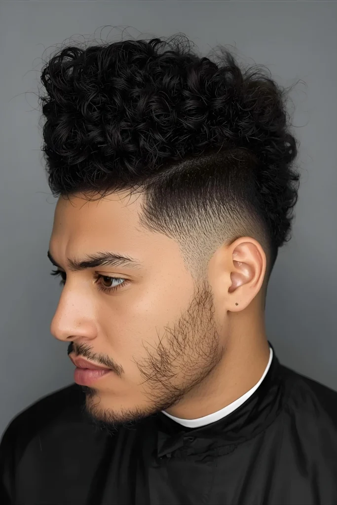 The Curly High Top Make a bold statement with this dramatic style featuring sharply faded sides and a tall, voluminous crown of curls. It's a powerful look that emphasizes height and texture.