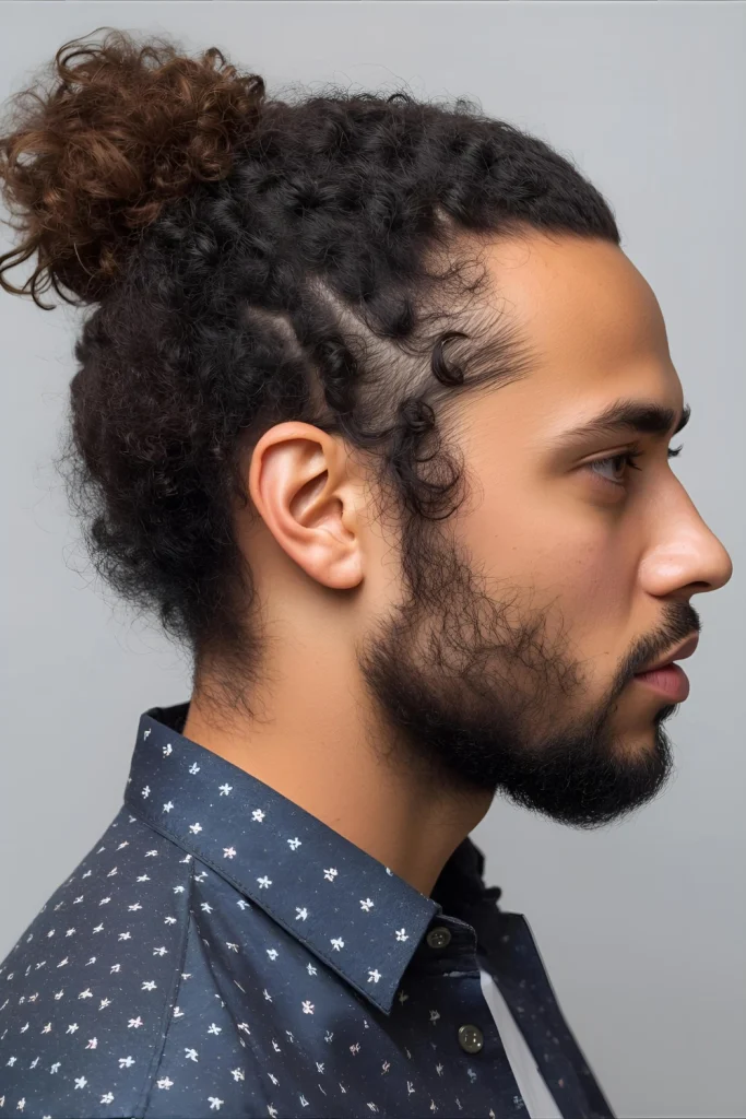 The Curly Man Bun Practical and stylish for longer curls. The man bun keeps hair out of your face while showcasing your texture and length. (1)