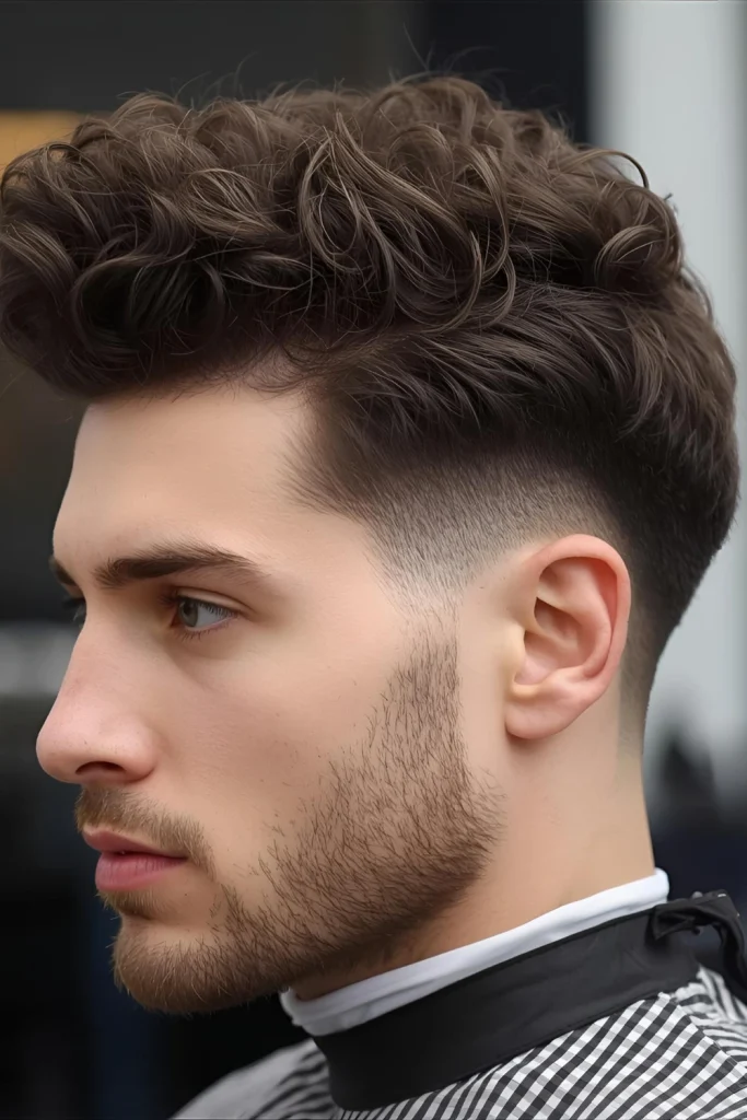 The Curly PompadourDramatic and voluminous, this style uses natural curl texture to create impressive height at the front while keeping sides clean and contained.