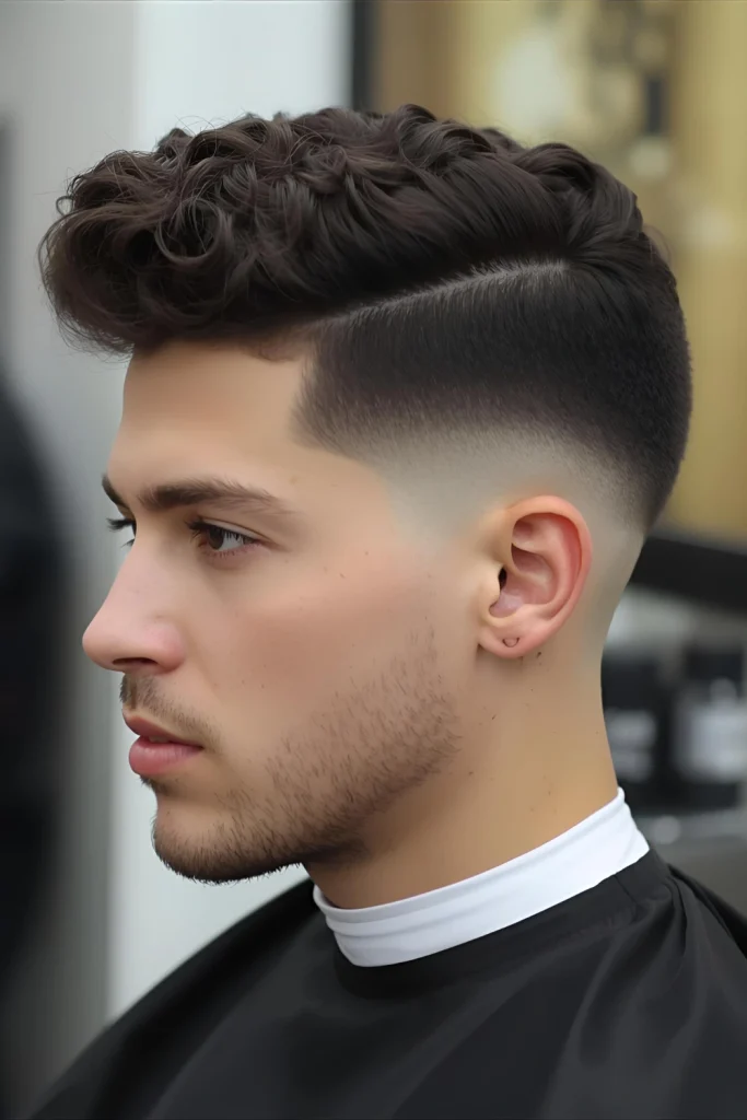 The Curly Pompadour Fade

Add some retro flair. The front section of curls is styled up and back for volume, creating a pomp effect that is supported by a clean fade on the sides
