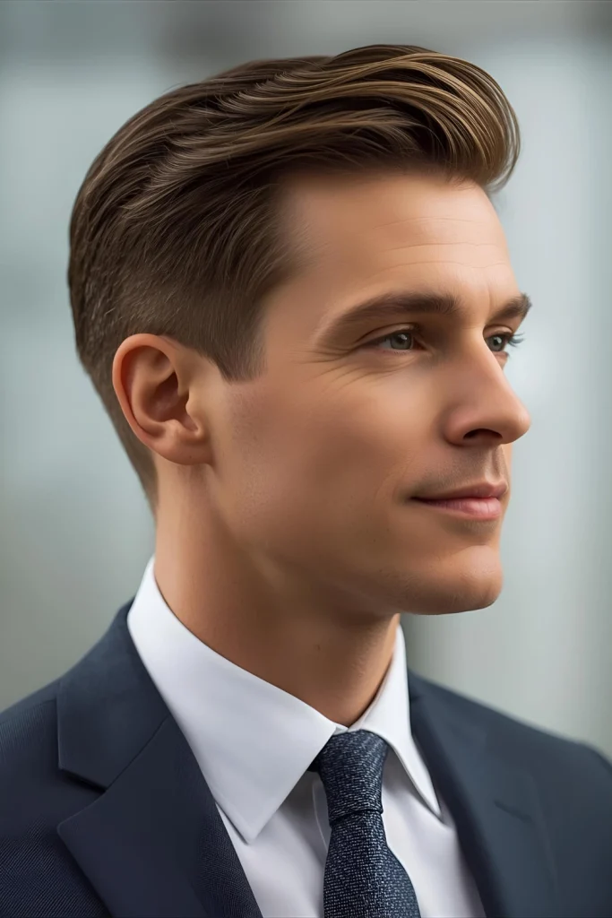 The Executive Contour A mature, professional cut that is both soft and strong. It features shorter sides with a longer, layered top that is brushed to the side. It’s a timeless style that always