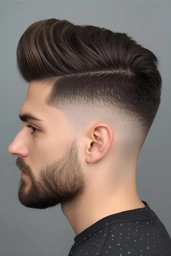 The Faded Undone Pomp Pair the volume of a pompadour with the sharpness of a fade. The disconnected contrast between the longer, textured top and the tightly faded sides creates a modern, eye-cat