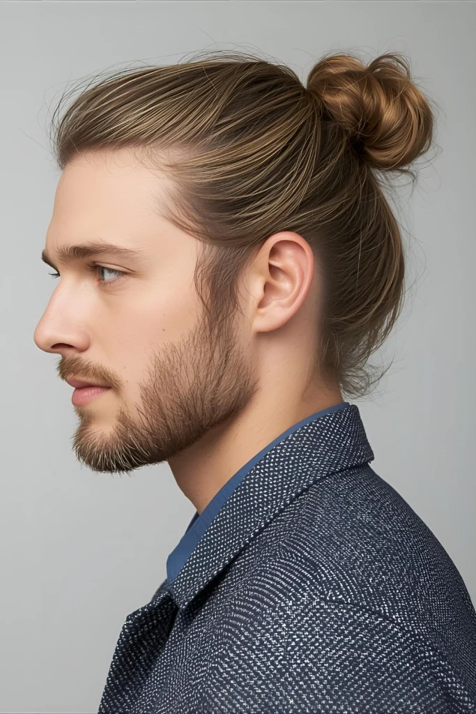 The Half-Up Man Bun When you want hair out of your face but don't want to commit to a full updo, the half-up man bun is the perfect solution. It's practical, stylish, and shows you're on-trend.
