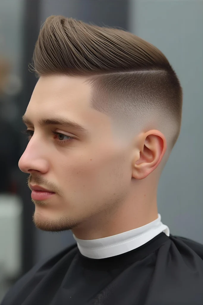 The High & Tight Fade Buzz CutA modern twist on a military classic. This style keeps the top very short (a #1 or #2 guard) but incorporates a sharp high fade on the sides. The fade starts skin-level around the temples and blends up, creating a clean, athletic look that is both polished and rugged.
