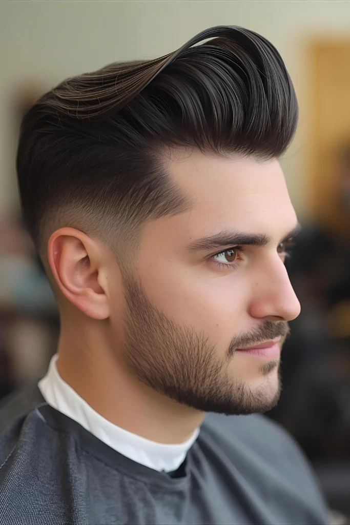 The Short Pompadour A more refined and manageable version of the classic. The short pompadour features volume at the front that is swept back, not up. It adds a touch of stylish flair without req