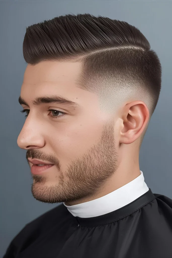 The Side-Parted Undercut

A little gentleman’s cut. This style features a clean side part and longer top that is neatly combed over, while the sides are kept very short. It’s perfect for weddings, photo days, or just looking sharp.