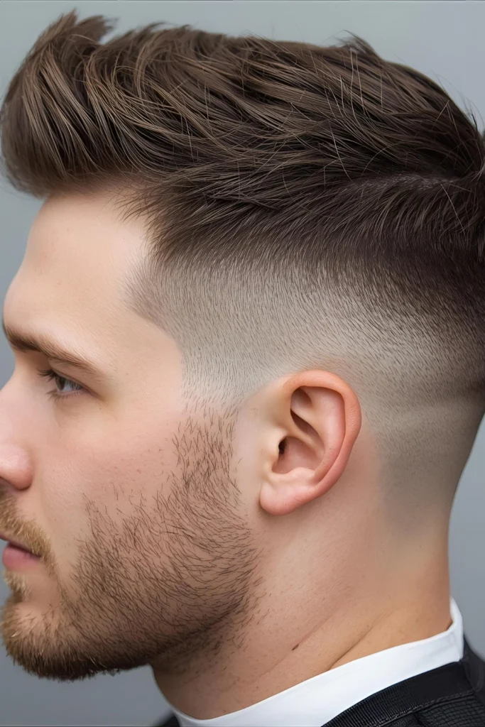 The Textured Crop with Taper Fade A modern classic that combines messy texture on top with a clean taper fade on the sides. This versatile style works with most hair types and face shapes, offeri