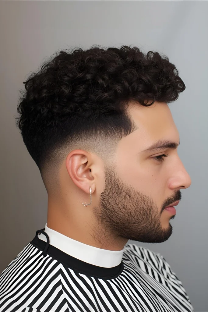 The Textured Curly Fade This versatile cut combines any fade—high, mid, or low—with layered curls on top. The barber strategically cuts your curls to enhance their natural pattern and bounce, whi