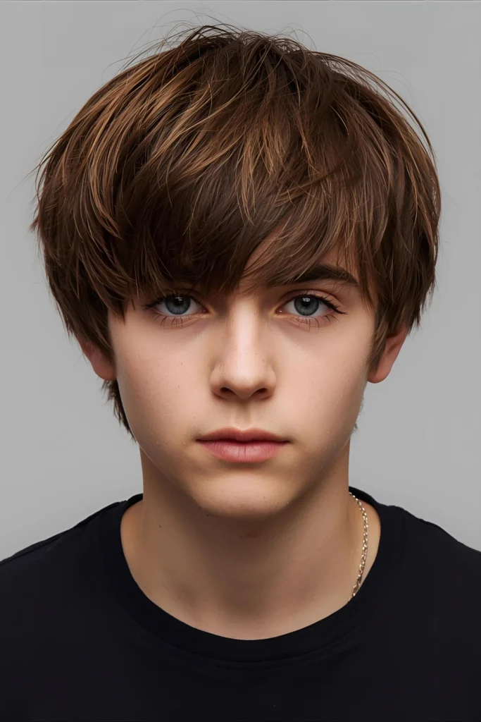 The Textured Fringe

This style keeps the front section longer, cutting it with texture so it falls casually across the forehead. It’s a soft, modern, and very cool look that’s easy for kids to wear.