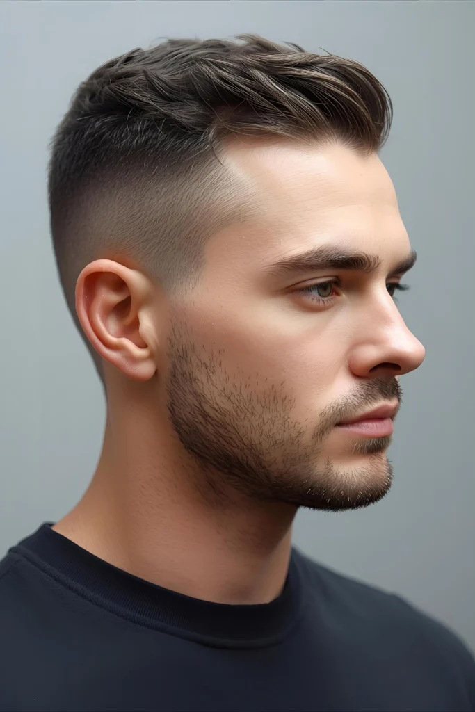 . The Textured Top BuzzInstead of a uniform length, the top is cut slightly longer with texturizing shears to create a subtle, piece-y finish. This adds a layer of dimension and modern style to the traditional buzz, breaking up the uniformity for a more fashion-forward edge.