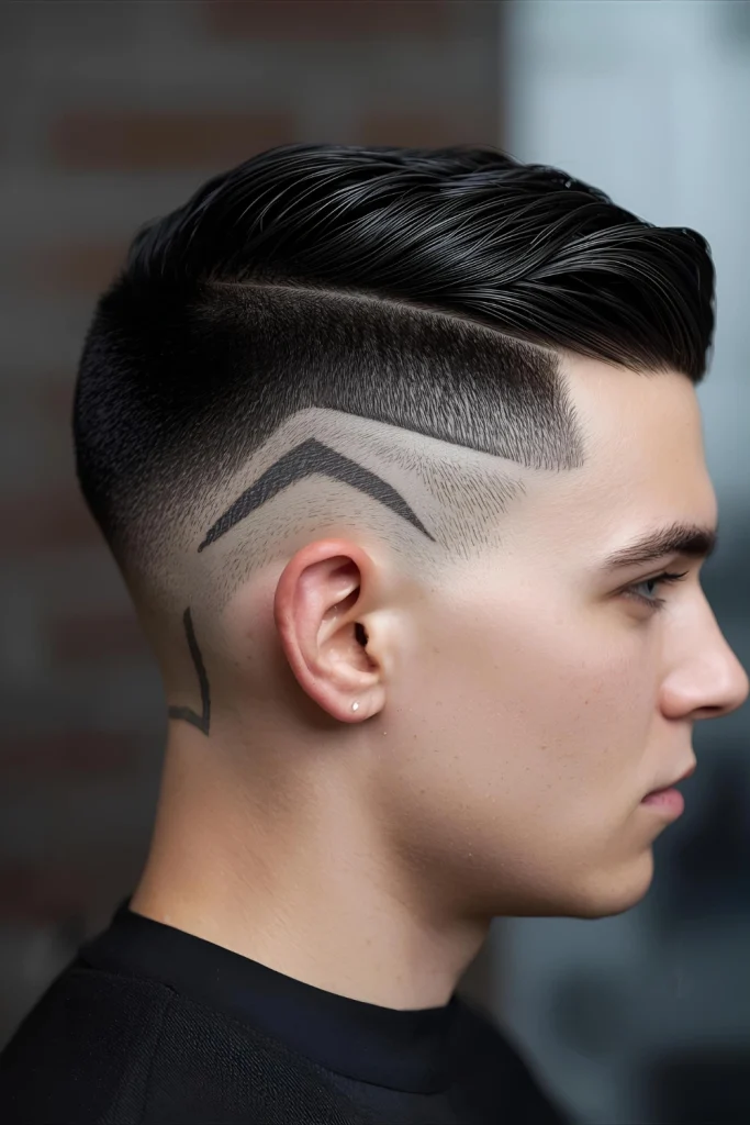 The Wet Wolf with Shaved DesignPair the textured, wet-look top of a wolf cut with sharply shaved designs on the sides. The contrast between the sleek, glossy top and the precise undercut creates a striking, modern look.