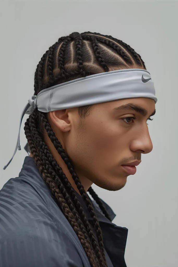 Tight Cornrows with Sports Headband For men with longer hair, cornrows provide the ultimate secure style. When paired with a moisture-wicking sports headband, this combination keeps hair complete