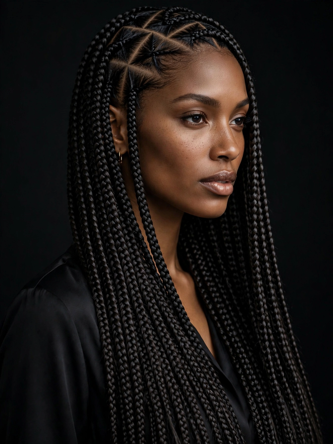Box braids for women 2026 with geometric triangle parting and sleek long braids