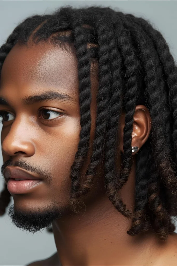 Twists with Curly EndsAdd movement and texture by leaving the ends of your twists loose and curly. This style creates a beautiful contrast between the structured twists and free-flowing ends.