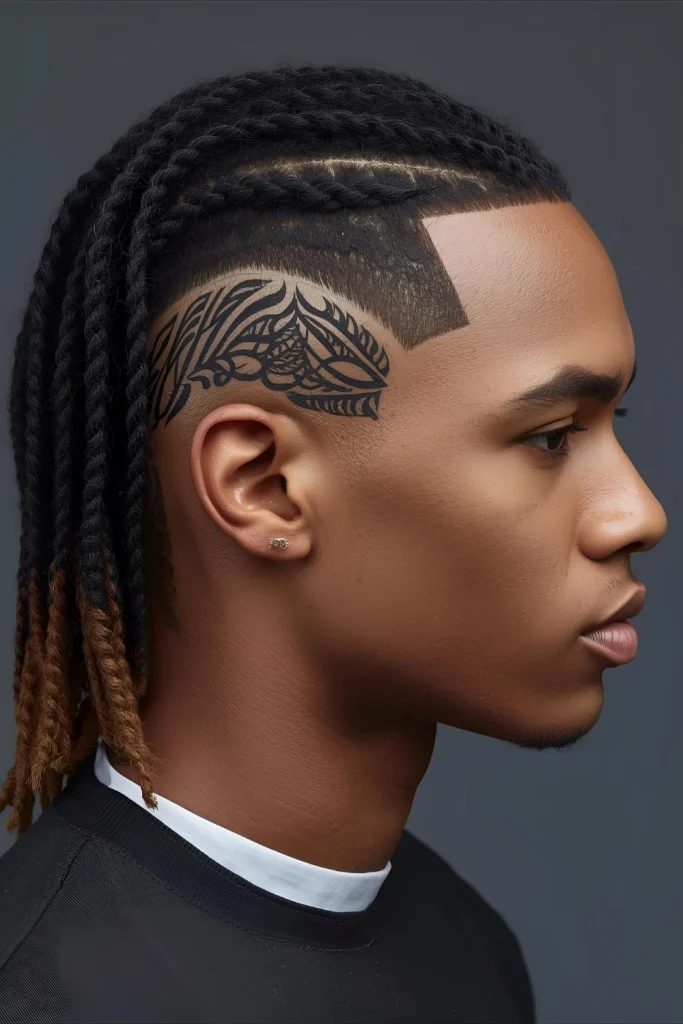 Twists with Undercut DesignPair your twists with a dramatic undercut featuring intricate designs. The contrast between the detailed sides and textured top makes for a striking appearance.