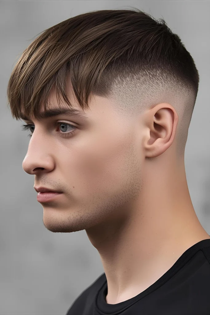 Athletic Curtain Fade Face-framing curtain bangs are paired with a sharp mid fade, creating a stylish look that keeps hair out of your eyes during workouts while maintaining a fashionable silhoue
