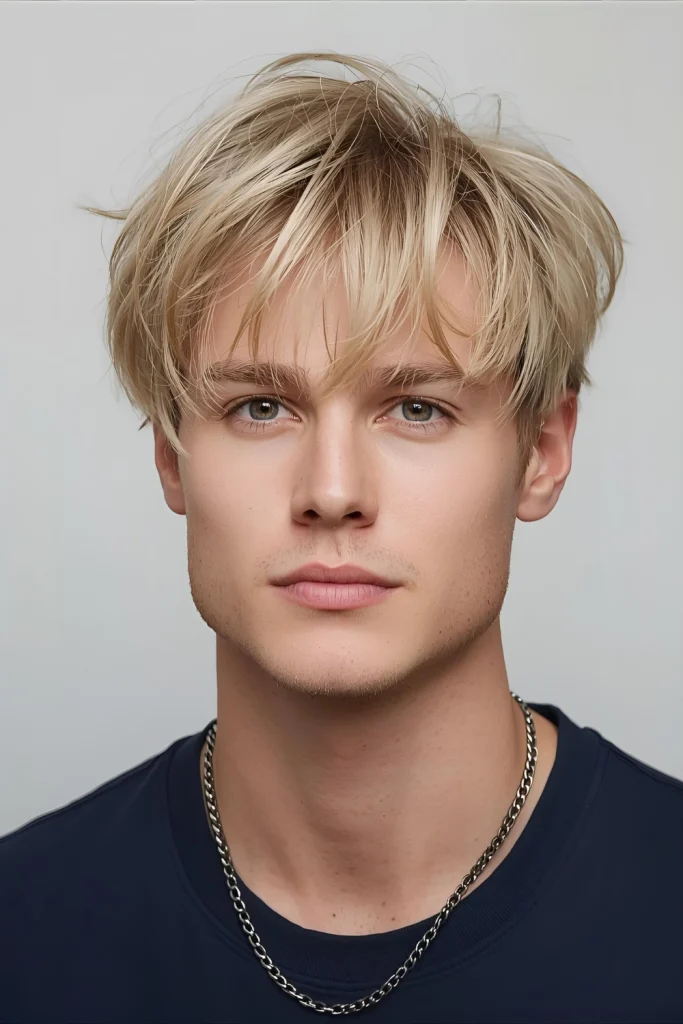 Blonde Bangs Style Messy blonde bangs and a clean fade create a cool, modern style that’s effortlessly stylish. The lightness adds a soft, approachable touch.