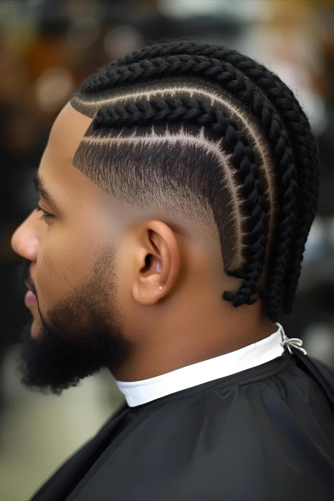 Braided Crown with Drop Fade Regal and detailed. Cornrows along the hairline create a crown, leading into a sharp drop fade—a majestic choice for special occasions.