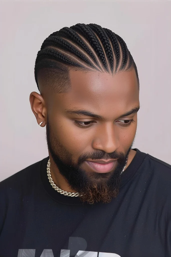 Braided Crown with Modern FadeCornrows that circle the head like a crown, combined with a modern fade. This style connects to traditional African hairstyles while embracing contemporary aesthetics.