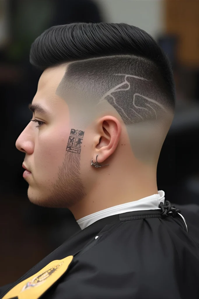 Brush Cut with Cultural Crest A uniform brush cut serves as the background for a family or cultural crest shaved into the side, blending military precision with personal heritage.
