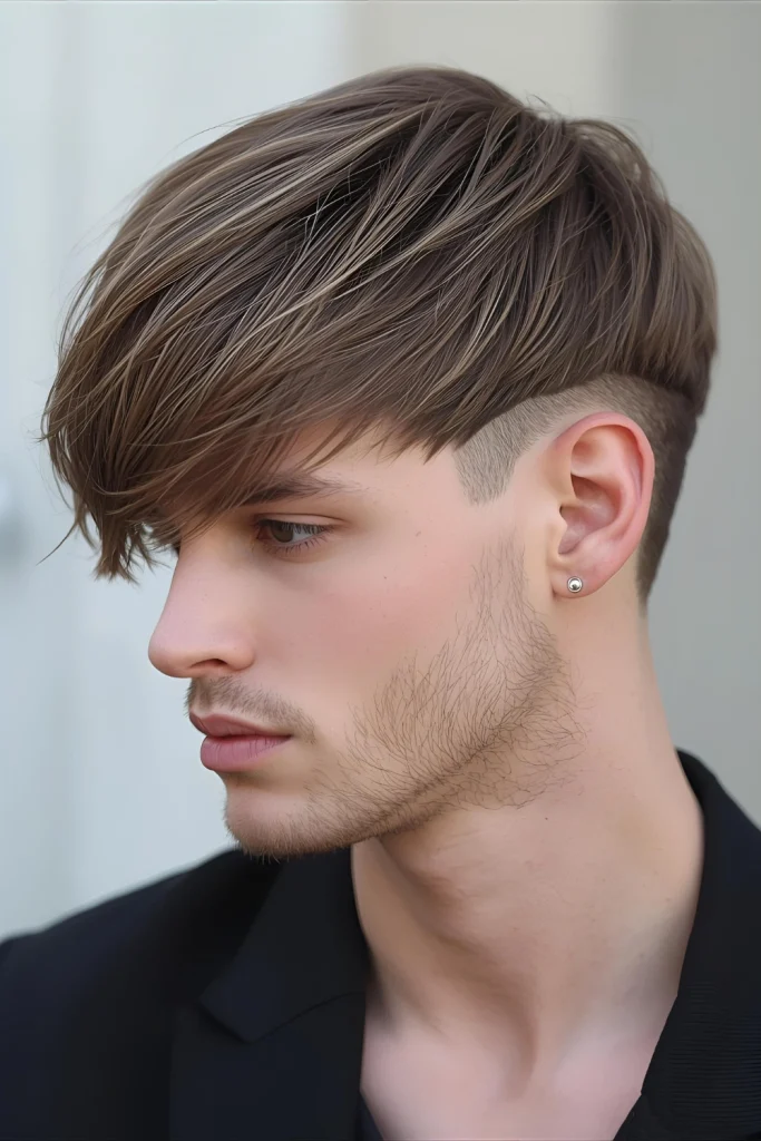 Choppy Fringe with Modern Vibe A messy crop with a straight, choppy fringe and faded sides creates a cool, modern style that uses sharp lines to contrast soft curves.